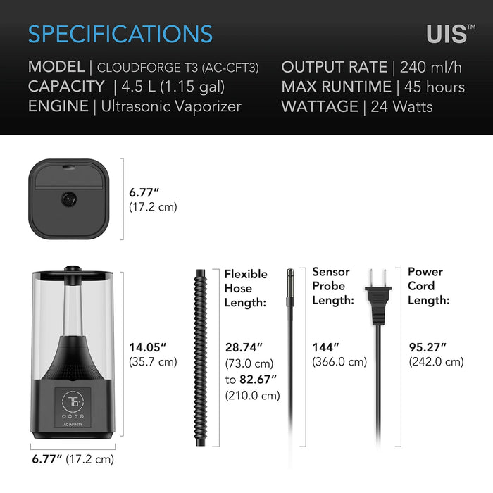 AC Infinity Cloudforge T3, Plant Humidifier, 4.5L, Smart controls w. targeted Vaporising