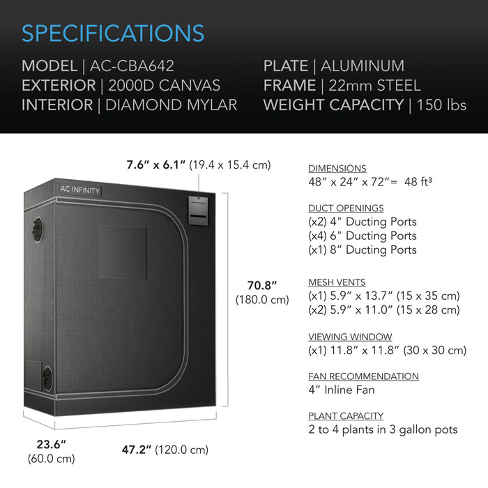 AC Infinity Cloudlab 642, Advance Grow Tent 120x60x180 Cm, 2000D Diamond Mylar Canvas