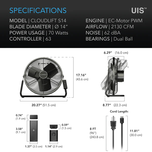 AC Infinity Cloudlift S14, Floor Wall Fan With Wireless Controller, 14-INCH 35 CM Fan