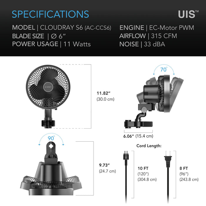 AC Infinity Cloudray S6, Gen 2 Grow Tent Clip Fan 6” With 10 Level Natural Wind modes, EC-Motor, Auto Oscillation