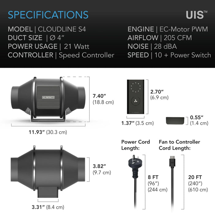 AC Infinity, Cloudline S4 Quiet Inline Duct Fan With Speed Controller, 4 Inch - 100 MM
