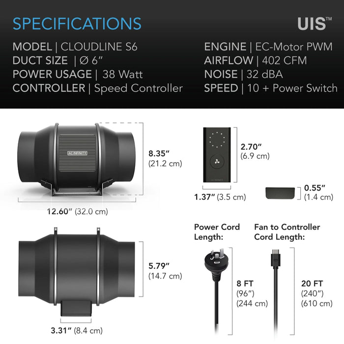 AC Infinity, Cloudline S6 Quiet Inline Duct Fan With Speed Controller, 6 Inch - 150 MM