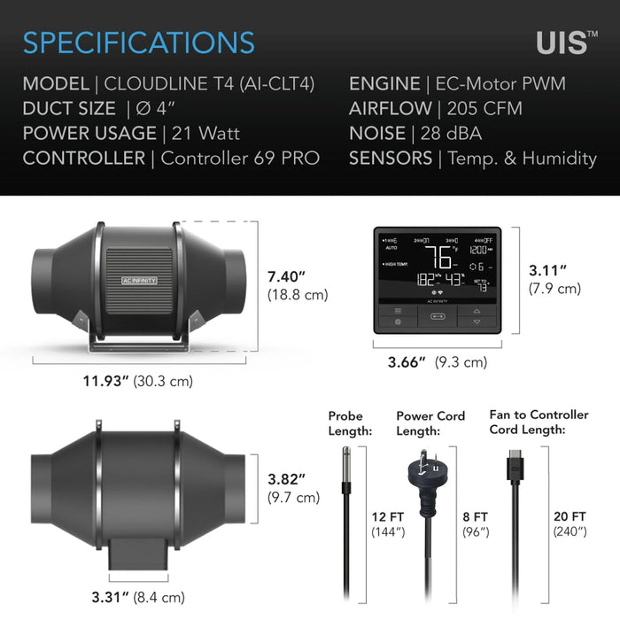 AC Infinity Cloudline T4, Quiet Inline Duct Fan With System with Temperature and Humidity Controller, 4 Inch - 100 MM