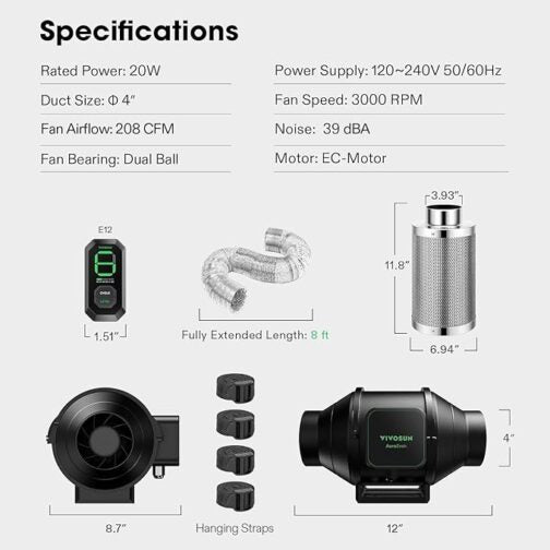 VIVOSUN AEROZESH S4 4″ FAN + CARBON FILTER + DUCTING + E12 CONTROLLER KI