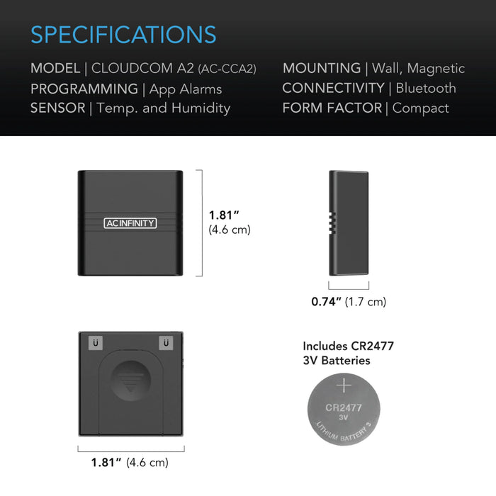 AC Infinity Cloudcom A2, Mini Smart Thermo-Hygrometer with Data App, Integrated sensor probe