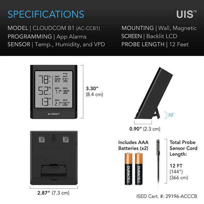 AC Infinity Cloudcom B1, Smart Thermo-Hygrometer With Data APP, 12 Ft Sensor Probe