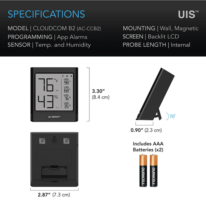 AC Infinity Cloudcom B2, Smart Thermo-Hygrometer With Data APP, Integrated Sensor Probe