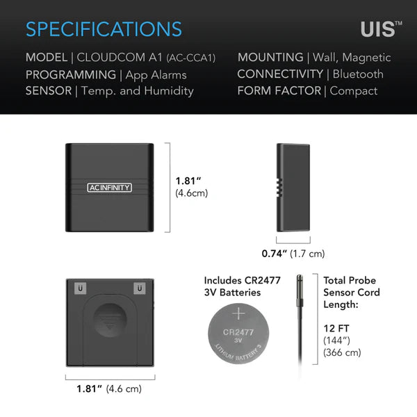 AC Infinity Cloudcom A1, Mini Smart Thermo-Hygrometer with Data App, 12 ft sensor probe
