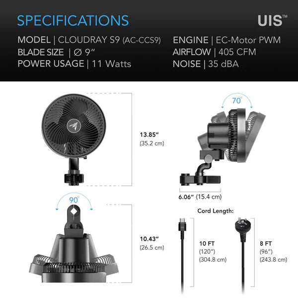Cloudray S9, Gen 2 Grow Tent Clip Fan 9” With 10 Level Dynamic Wind modes & Fan Speeds, 10-Level Auto Oscillation