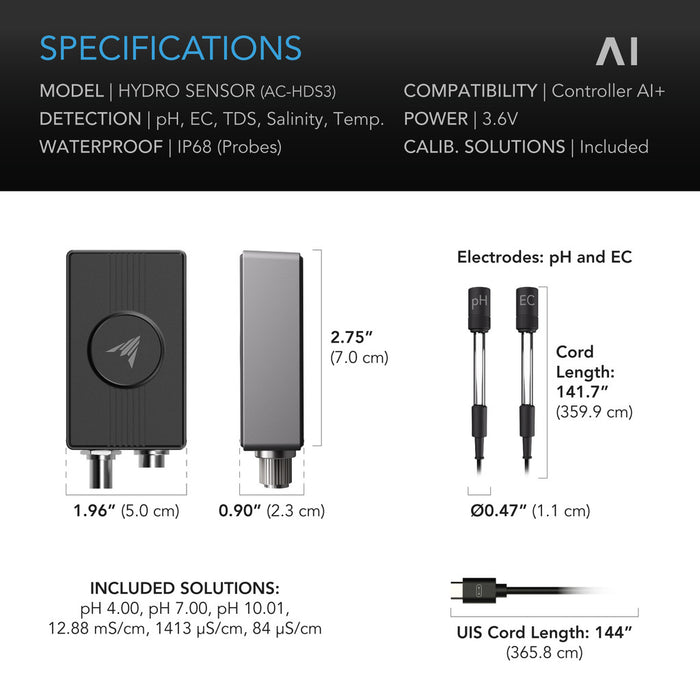 AC Infinity AI Hydro Sensor, for pH, EC, TDS and Water Temp Data Tracking