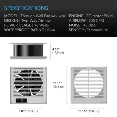 AC Infinity Room To Room Fan, Two-Way Airflow, Temperature controller, 8 Inch / 200 mm