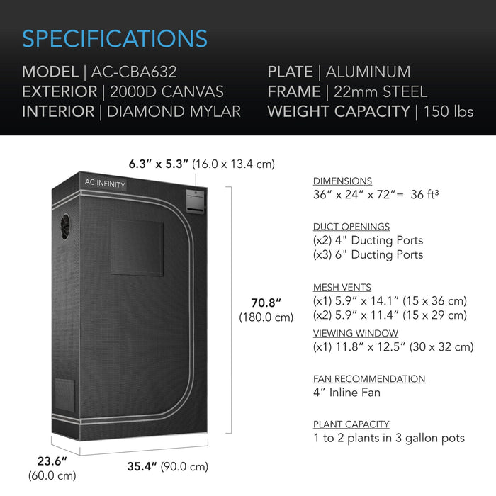 AC Infinity Cloudlab 632, Advance Grow Tent 90x60x180 Cm, 2000D Diamond Mylar Canvas